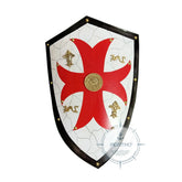 Ornate medieval Templar heater shield replica with red cross